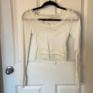 UO Cropped Long Sleeve White Top with Lace Trim